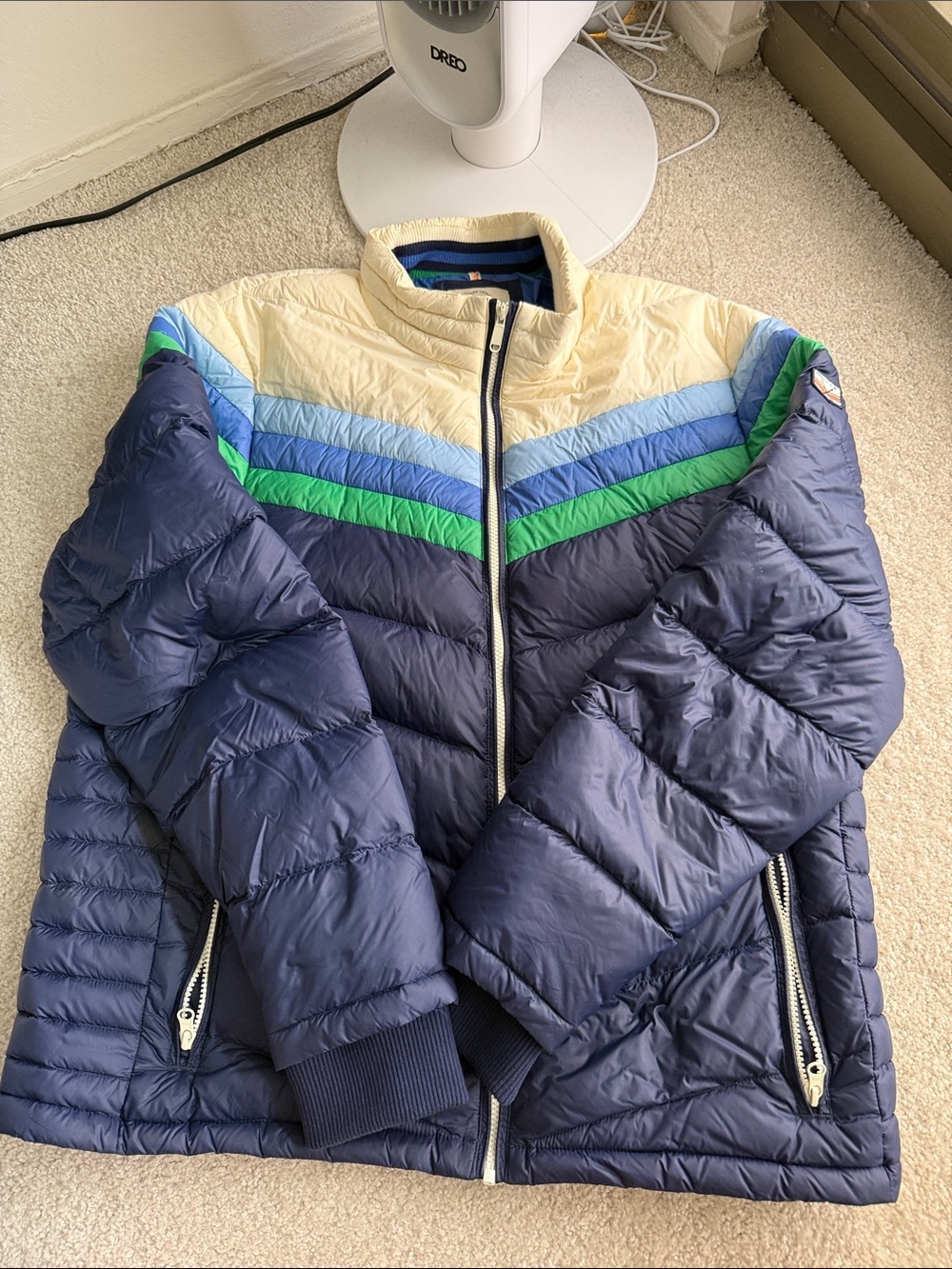 Marine Layer Navy Blue Puffer Jacket with Cream, Light Blue & Green Chevron